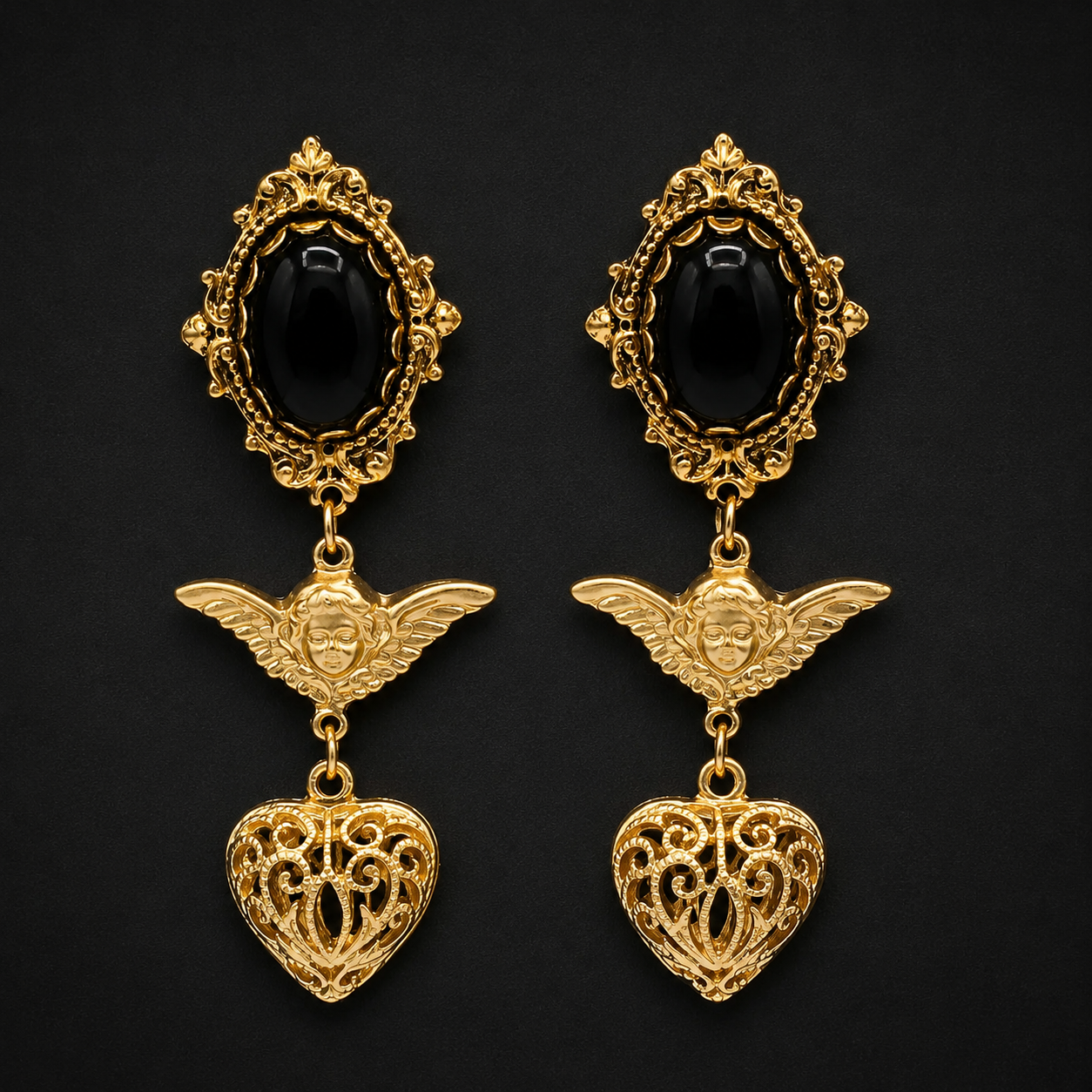 Gold Baroque Angel Heart Earrings with Black Agate