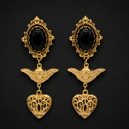 Gold Baroque Angel Heart Earrings with Black Agate