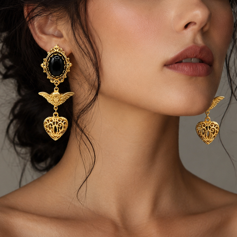 Gold Baroque Angel Heart Earrings with Black Agate