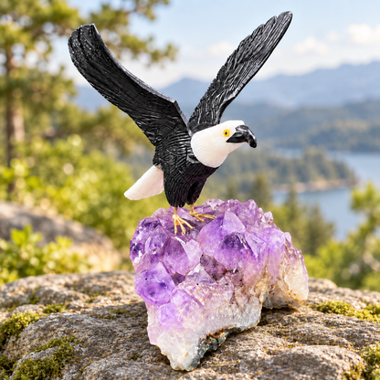 Bald Eagle Sculpture on Amethyst Geode – Gemstone Bird Figurine