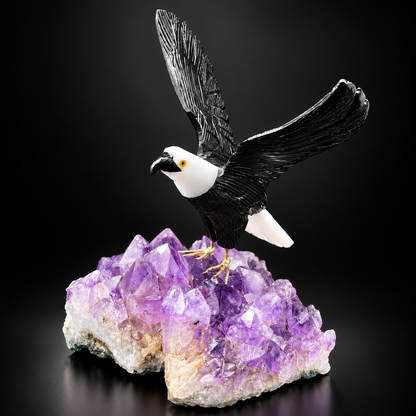 Bald Eagle Sculpture on Amethyst Geode – Gemstone Bird Figurine