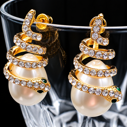 Gold Crystal Snake Pearl Drop Earrings - Victorian Gothic Serpent Earrings