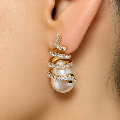 Gold Crystal Snake Pearl Drop Earrings - Victorian Gothic Serpent Earrings