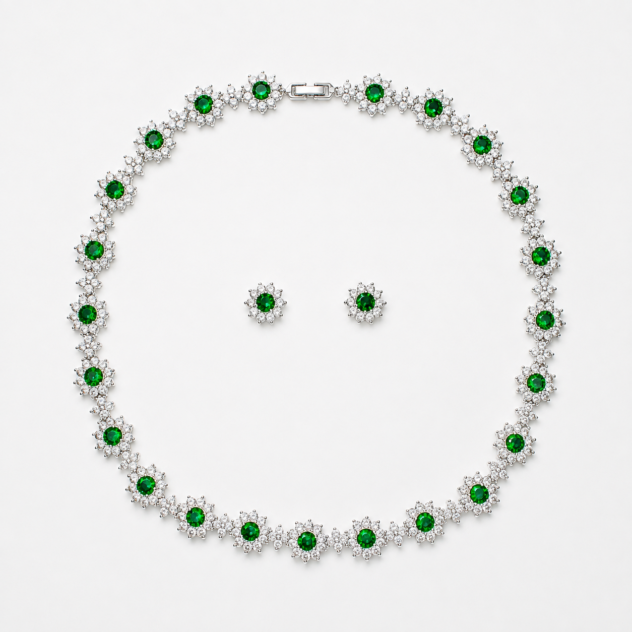 Emerald Green Crystal Necklace & Stud Earrings Set – Floral Statement Jewelry