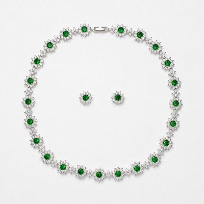 Emerald Green Crystal Necklace & Stud Earrings Set – Floral Statement Jewelry