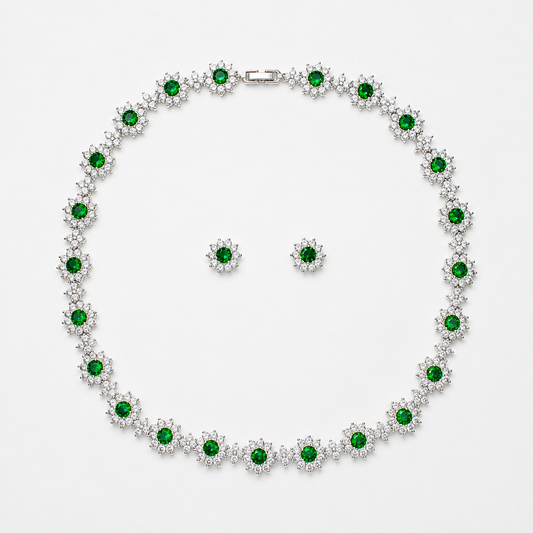 Emerald Green Crystal Necklace & Stud Earrings Set – Floral Statement Jewelry