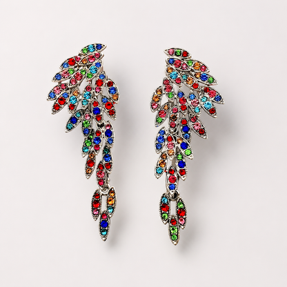 Gothic Silver Angel Wing Crystal Feather Dangle Earrings | Boho Bridal Statement Jewelry