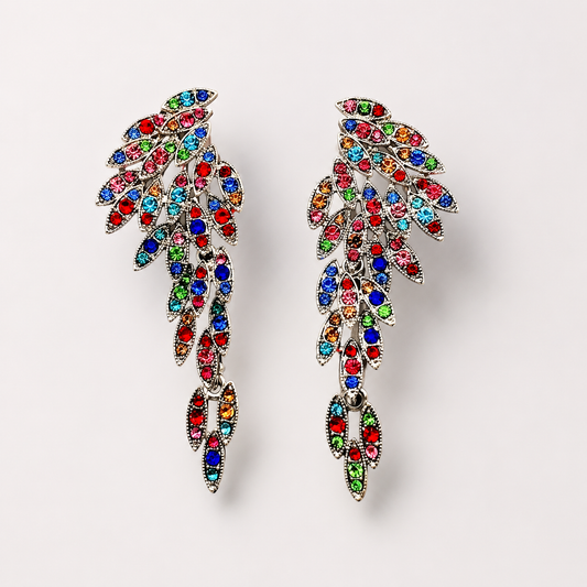 Multicolor Crystal Angel Wing Dangle Earrings | Silver-Tone Statement Jewelry