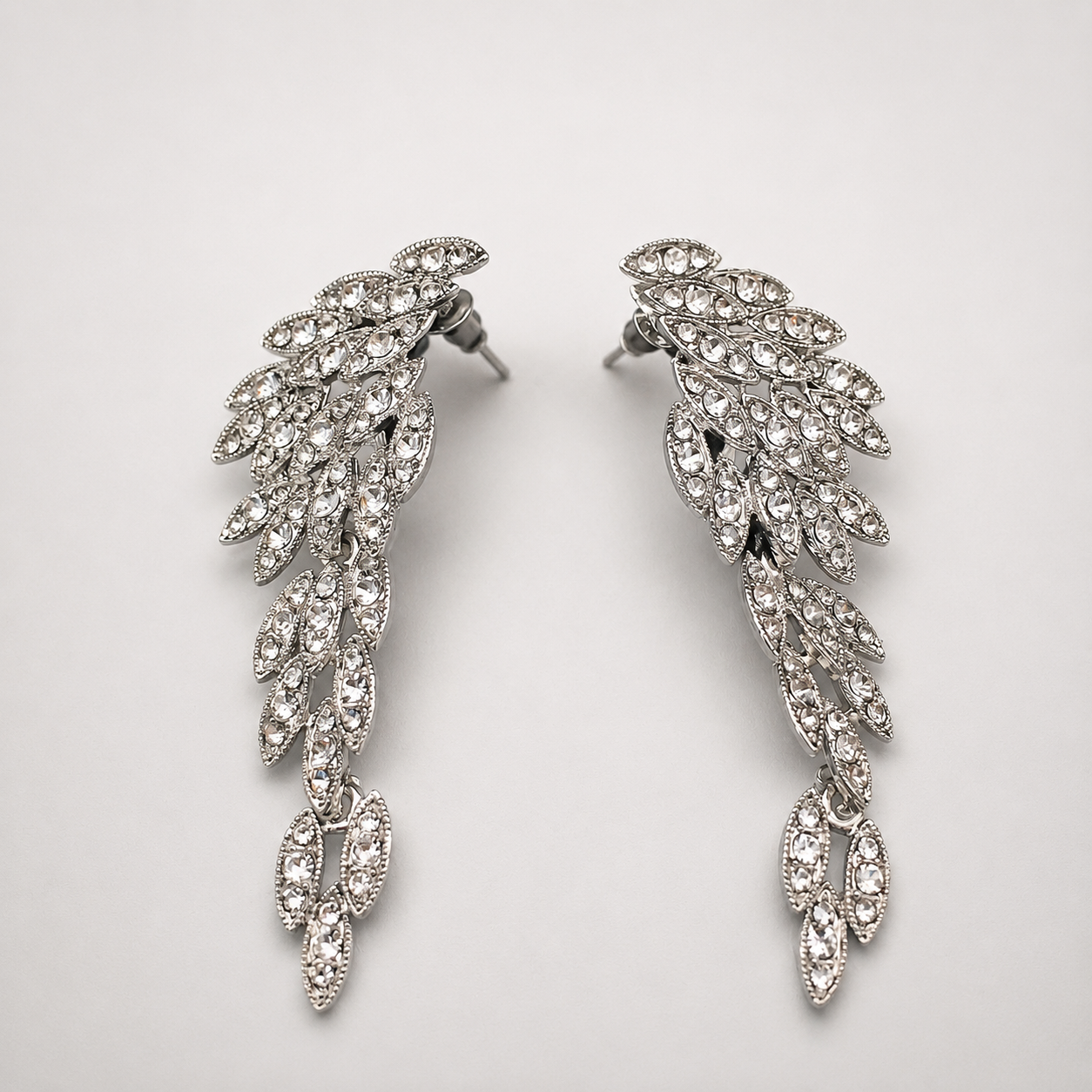 Gothic Silver Angel Wing Crystal Feather Dangle Earrings | Boho Bridal Statement Jewelry