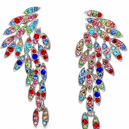 Gothic Silver Angel Wing Crystal Feather Dangle Earrings | Boho Bridal Statement Jewelry