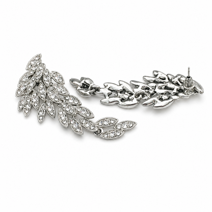 Gothic Silver Angel Wing Crystal Feather Dangle Earrings | Boho Bridal Statement Jewelry