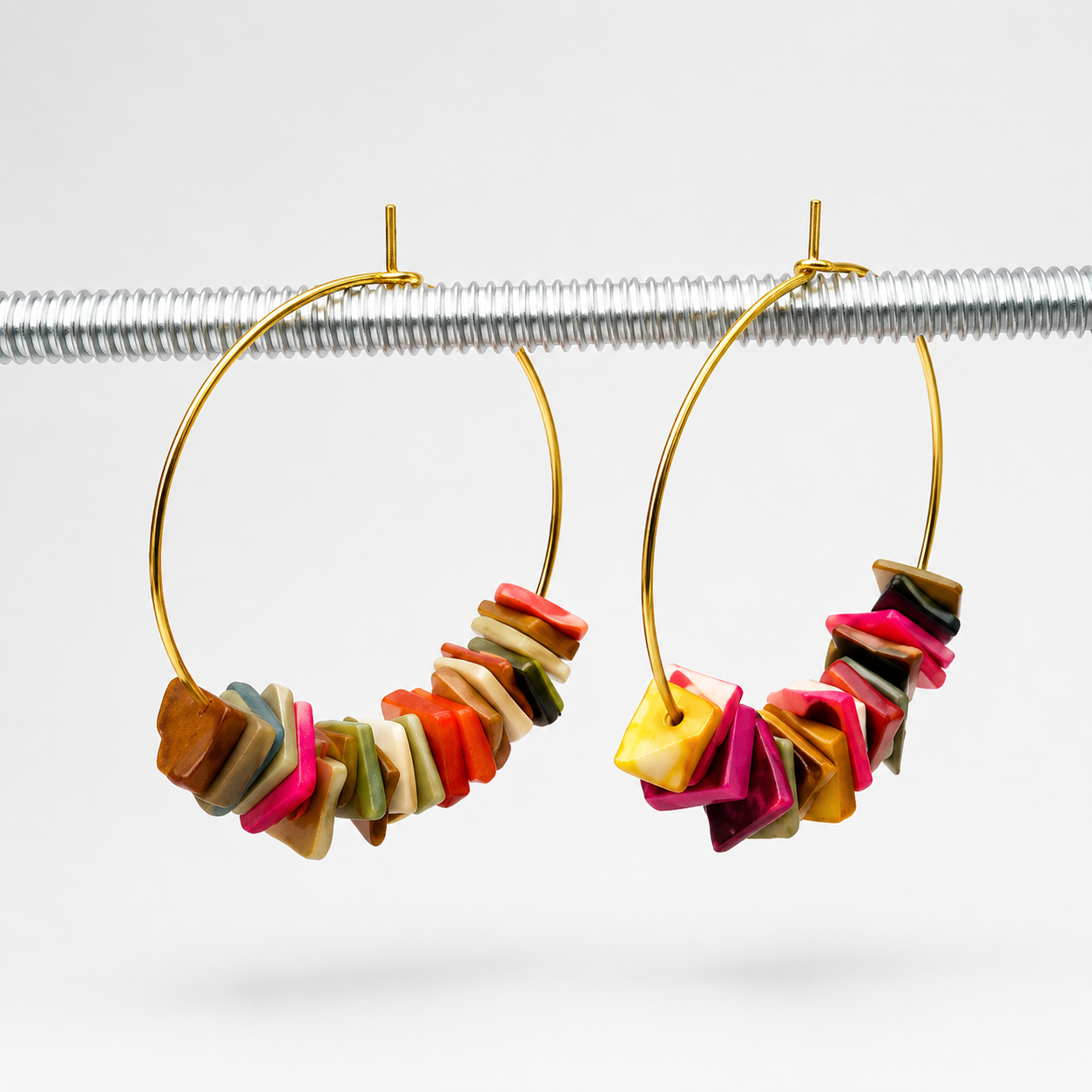 Gold Hoop Earrings with Colorful Shell Chips | Boho Beach Statement Jewelry