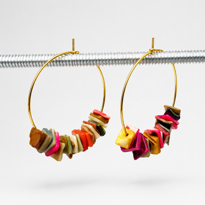 Gold Hoop Earrings with Colorful Shell Chips | Boho Beach Statement Jewelry