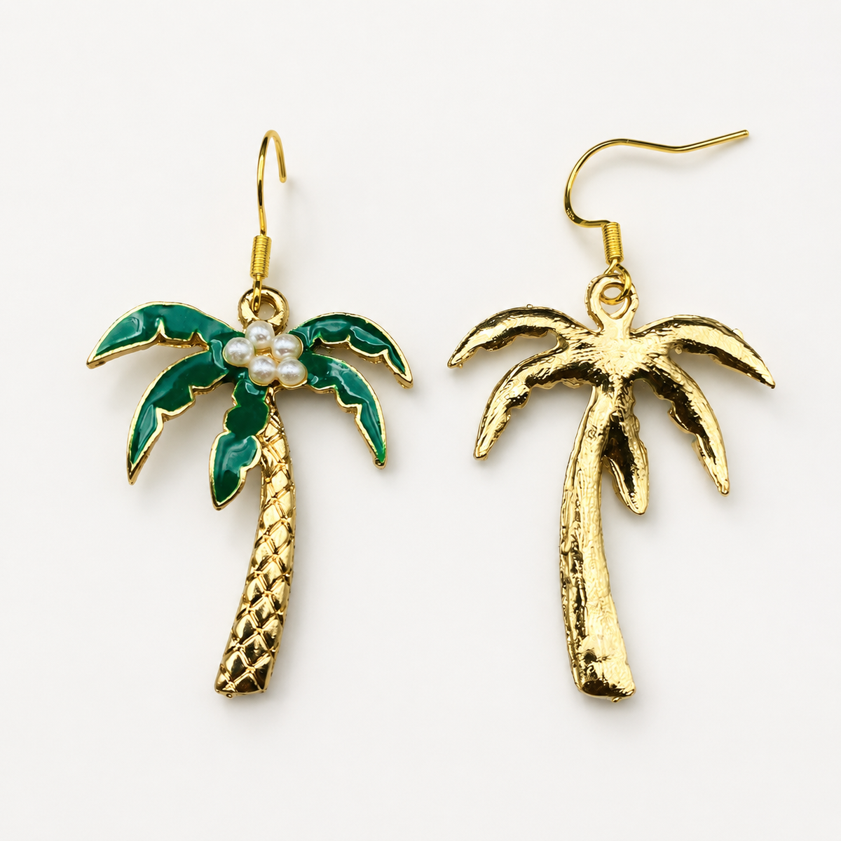 Gold-Tone Palm Tree Dangle Earrings with Pearl Coconuts | Tropical Beach Jewelry