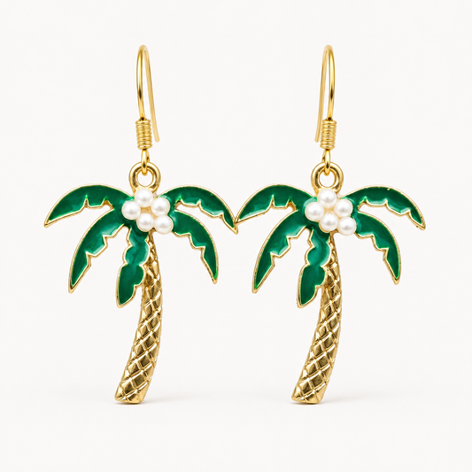 Gold-Tone Palm Tree Dangle Earrings with Pearl Coconuts | Tropical Beach Jewelry
