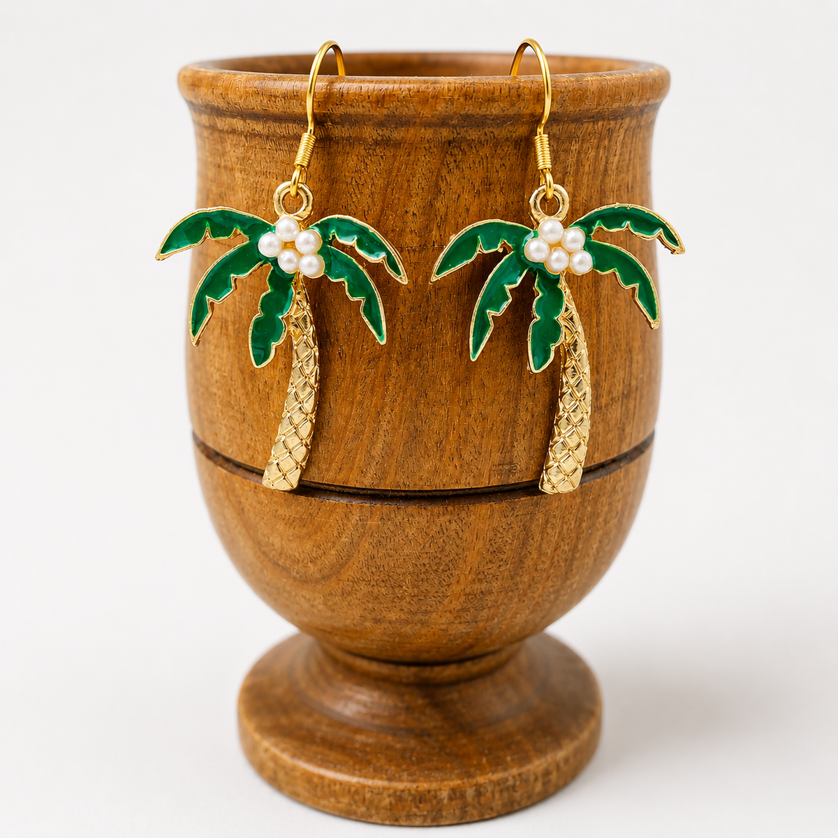 Gold-Tone Palm Tree Dangle Earrings with Pearl Coconuts | Tropical Beach Jewelry