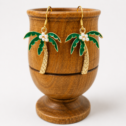Gold-Tone Palm Tree Dangle Earrings with Pearl Coconuts | Tropical Beach Jewelry