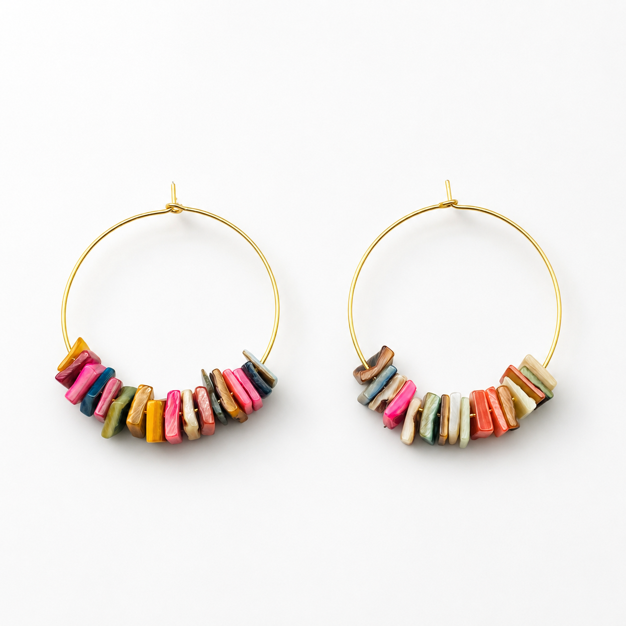Gold Hoop Earrings with Colorful Shell Chips | Boho Beach Statement Jewelry