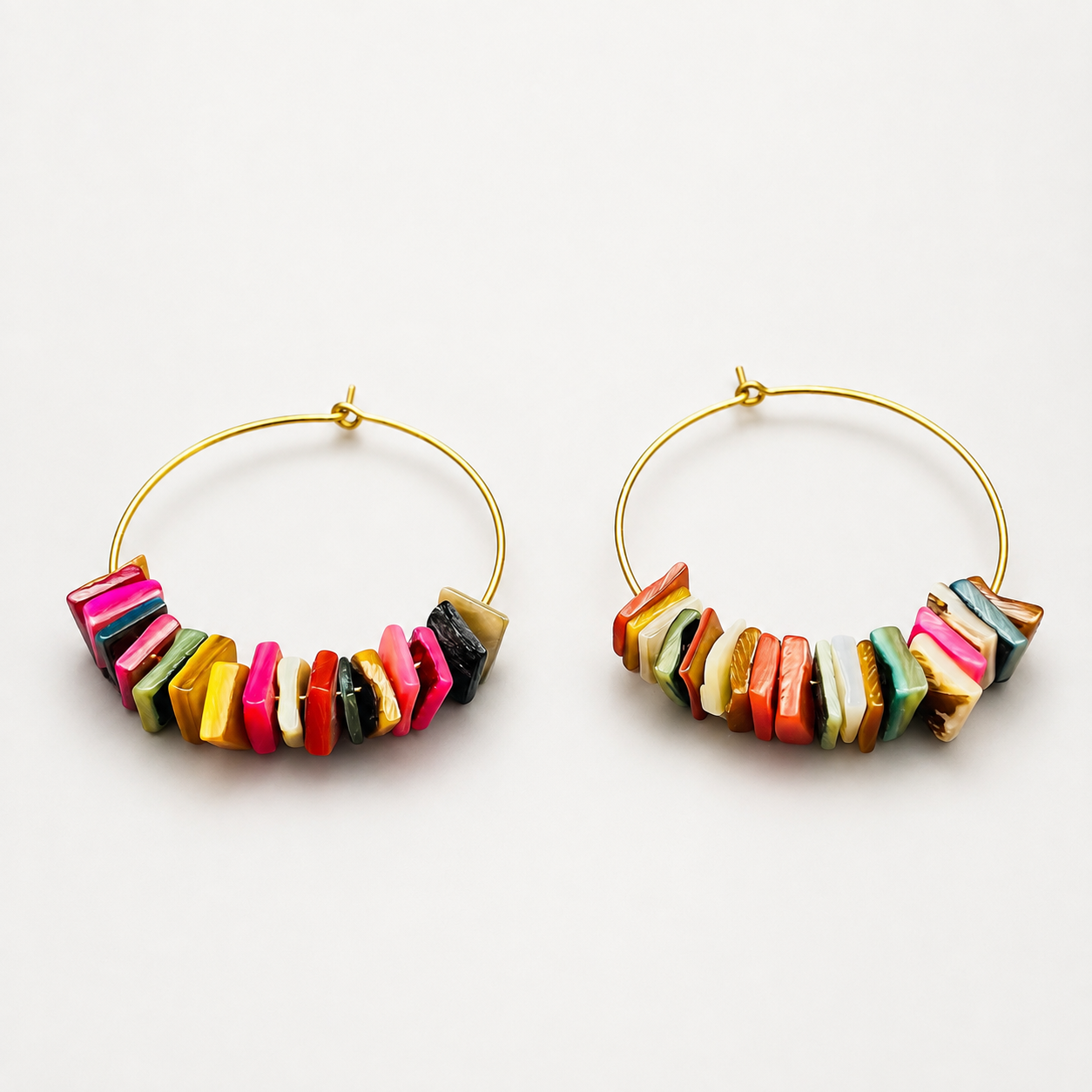 Gold Hoop Earrings with Colorful Shell Chips | Boho Beach Statement Jewelry