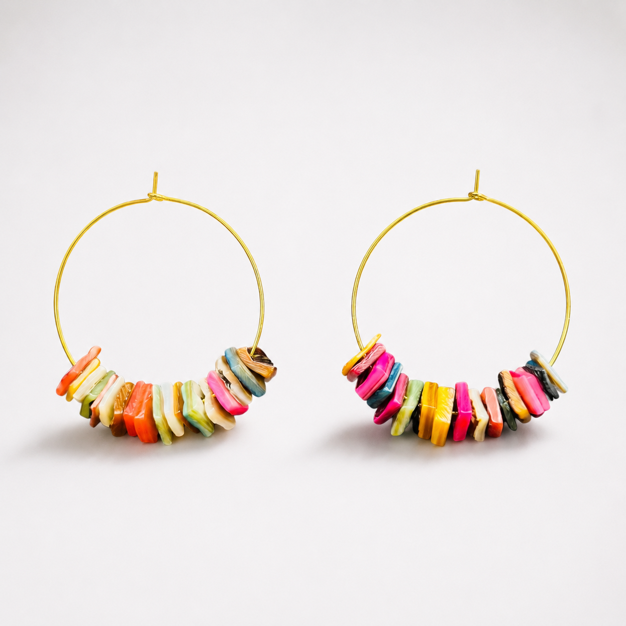 Gold Hoop Earrings with Colorful Shell Chips | Boho Beach Statement Jewelry