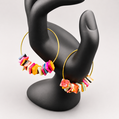 Gold Hoop Earrings with Colorful Shell Chips | Boho Beach Statement Jewelry