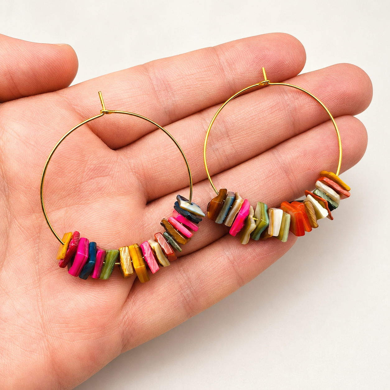 Gold Hoop Earrings with Colorful Shell Chips | Boho Beach Statement Jewelry