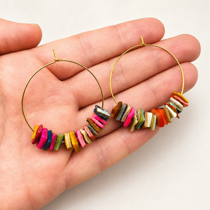 Gold Hoop Earrings with Colorful Shell Chips | Boho Beach Statement Jewelry