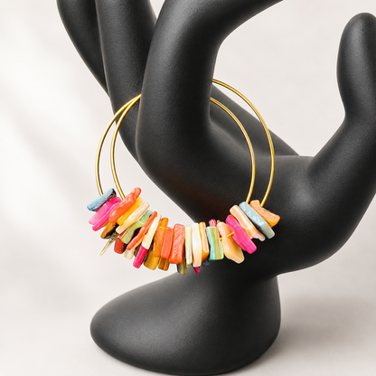 Gold Hoop Earrings with Colorful Shell Chips | Boho Beach Statement Jewelry
