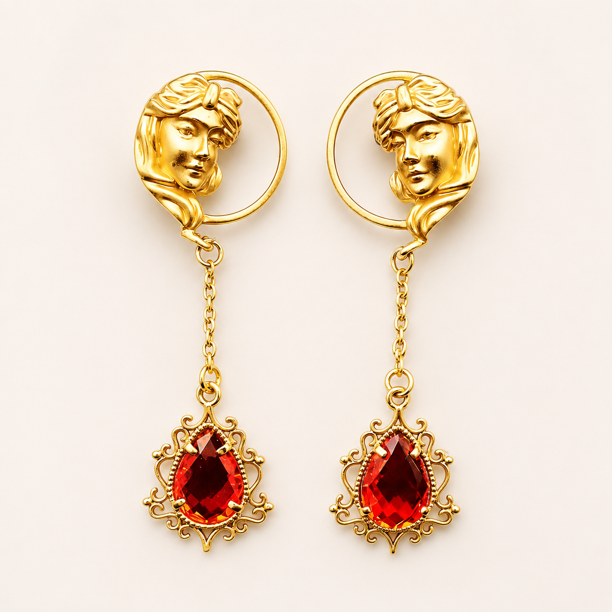 Renaissance Goddess Portrait Earrings with Ruby Red Crystals