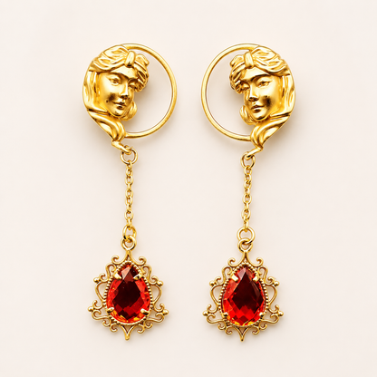 Renaissance Goddess Portrait Earrings with Ruby Red Crystals