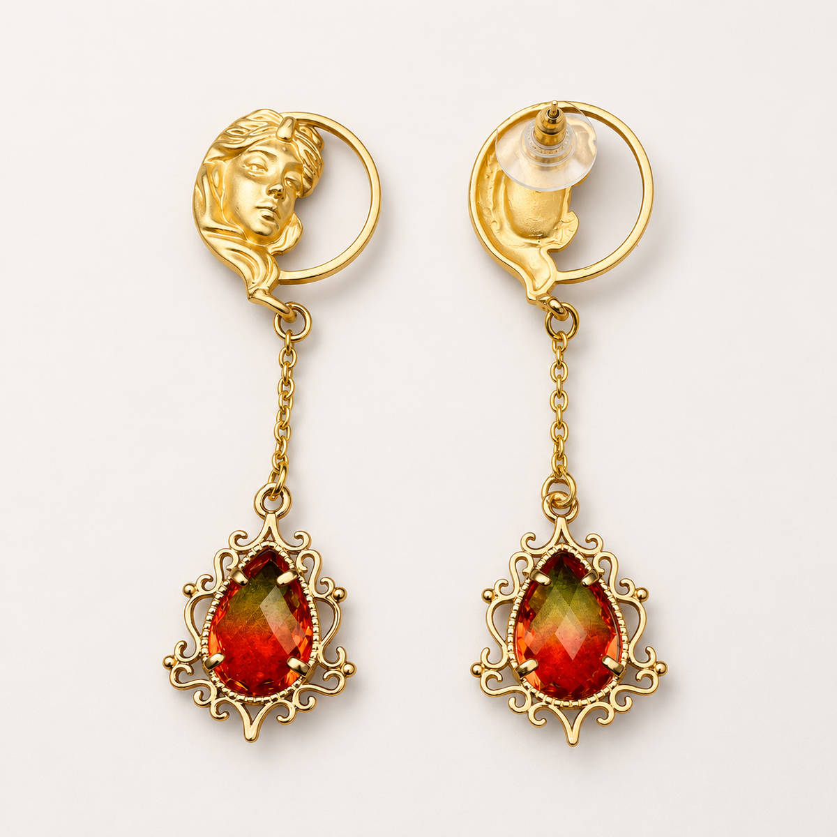 Renaissance Goddess Portrait Earrings with Ruby Red Crystals