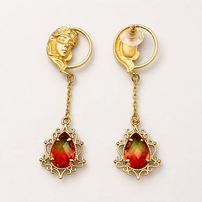 Renaissance Goddess Portrait Earrings with Ruby Red Crystals