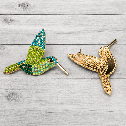 Emerald Green & Turquoise Hummingbird Stud Earrings – Gold-Tone Bird Jewelry