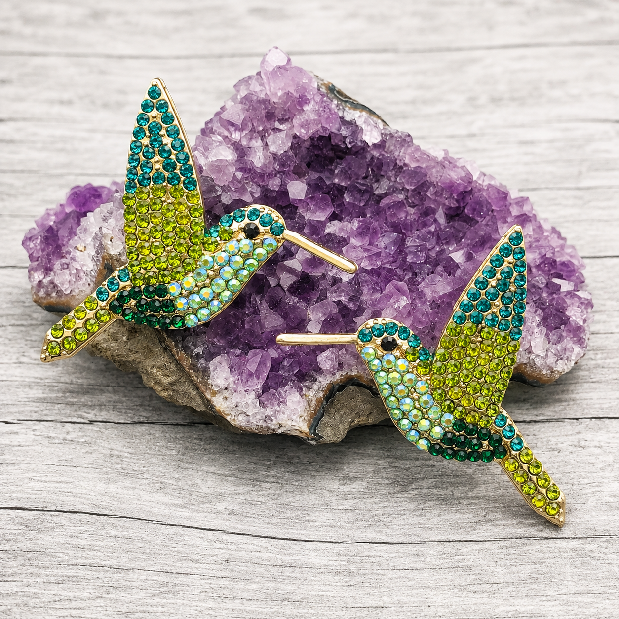 Emerald Green & Turquoise Hummingbird Stud Earrings – Gold-Tone Bird Jewelry