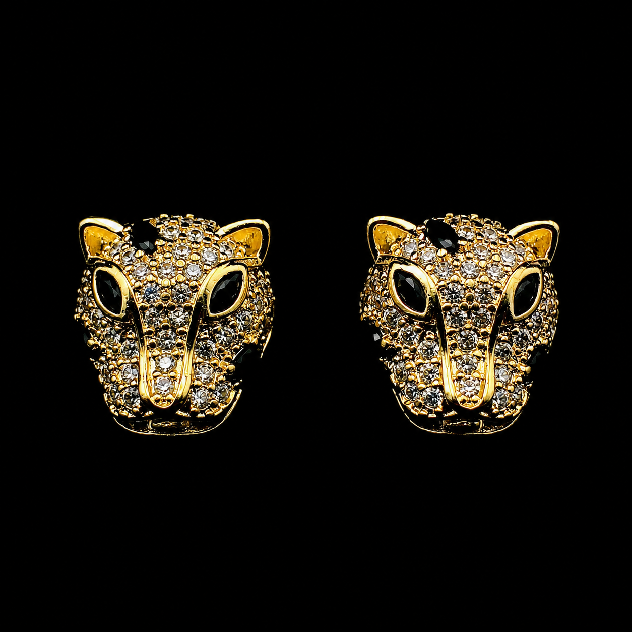 Gold Panther Stud Earrings, Crystal Leopard Head Earrings