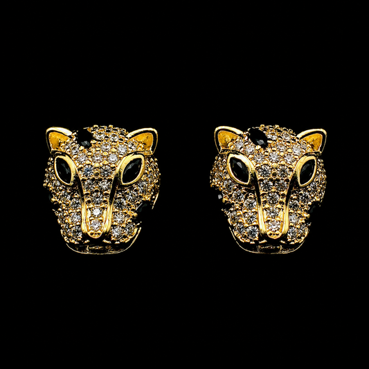 Gold Panther Stud Earrings, Crystal Leopard Head Earrings