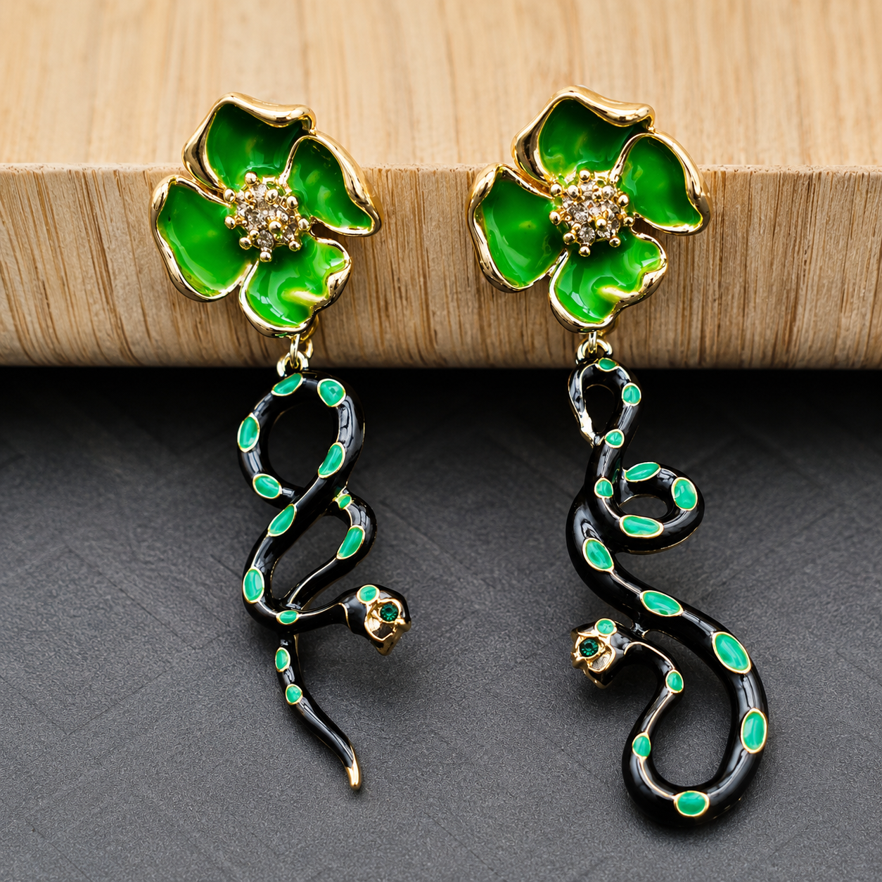 Green Floral Snake Drop Earrings - Victorian-Inspired Asymmetrical Gothic Enamel Jewelry