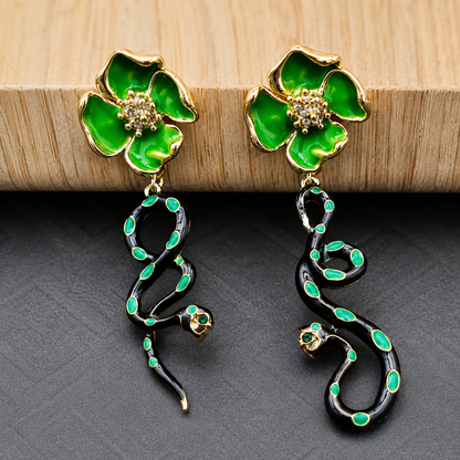 Green Floral Snake Drop Earrings - Victorian-Inspired Asymmetrical Gothic Enamel Jewelry