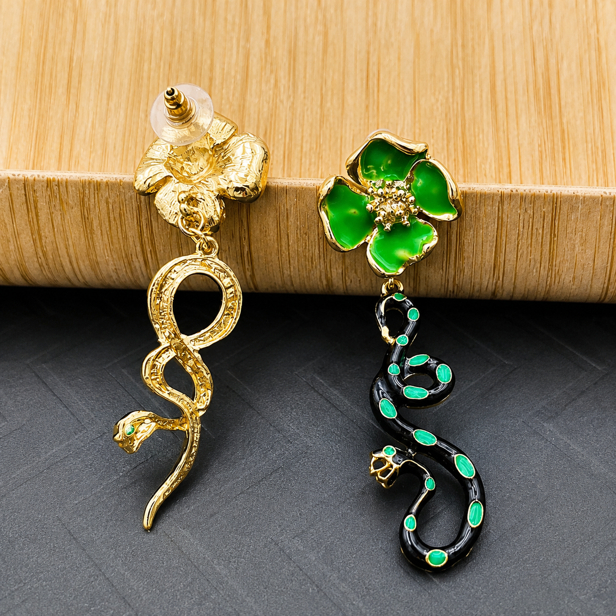 Green Floral Snake Drop Earrings - Victorian-Inspired Asymmetrical Gothic Enamel Jewelry