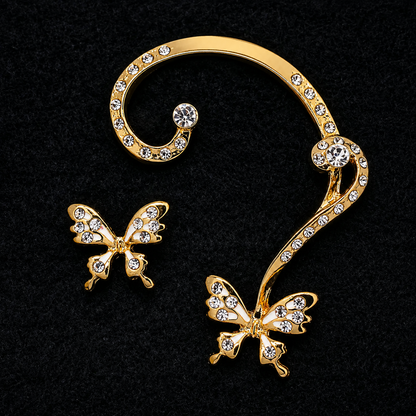 Gold Crystal Butterfly Ear Cuff & Stud Earring Set - Nature-Inspired Boho Jewelry