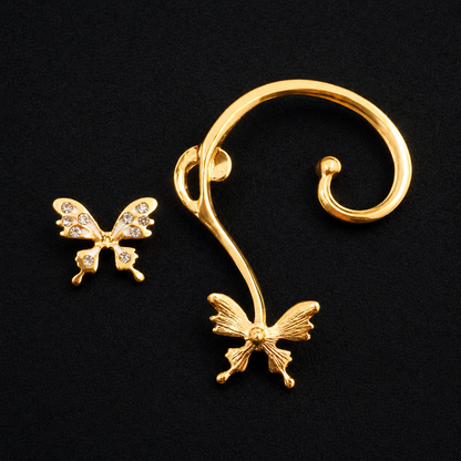 Gold Crystal Butterfly Ear Cuff & Stud Earring Set - Nature-Inspired Boho Jewelry