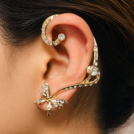 Gold Crystal Butterfly Ear Cuff & Stud Earring Set - Nature-Inspired Boho Jewelry