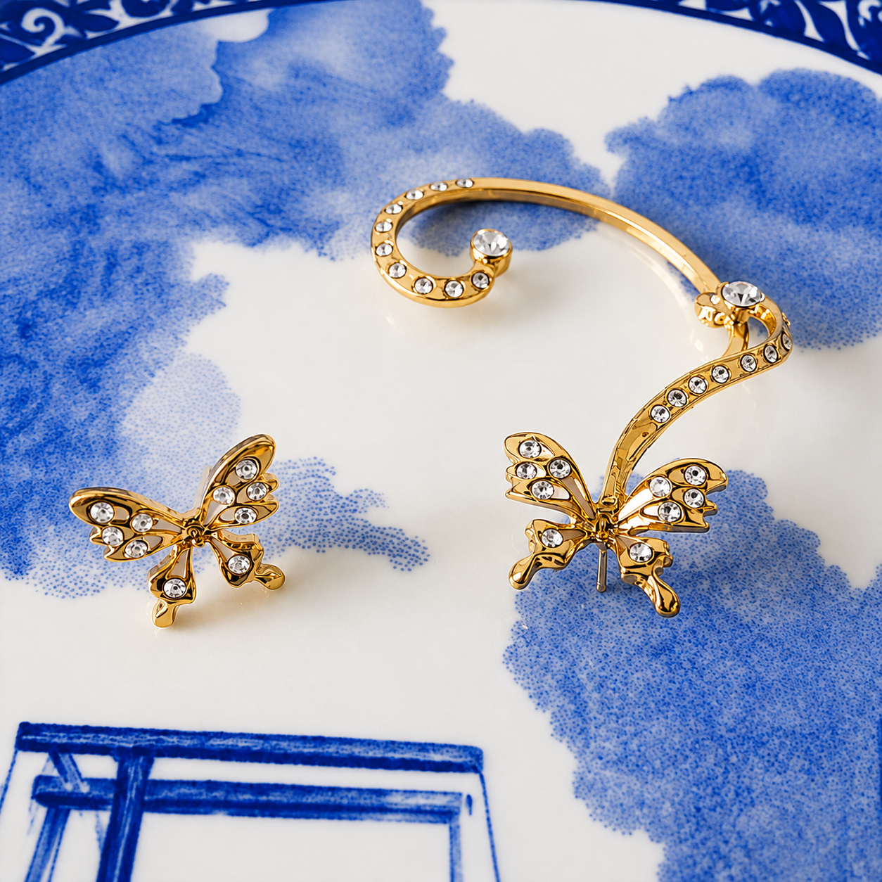Gold Crystal Butterfly Ear Cuff & Stud Earring Set - Nature-Inspired Boho Jewelry