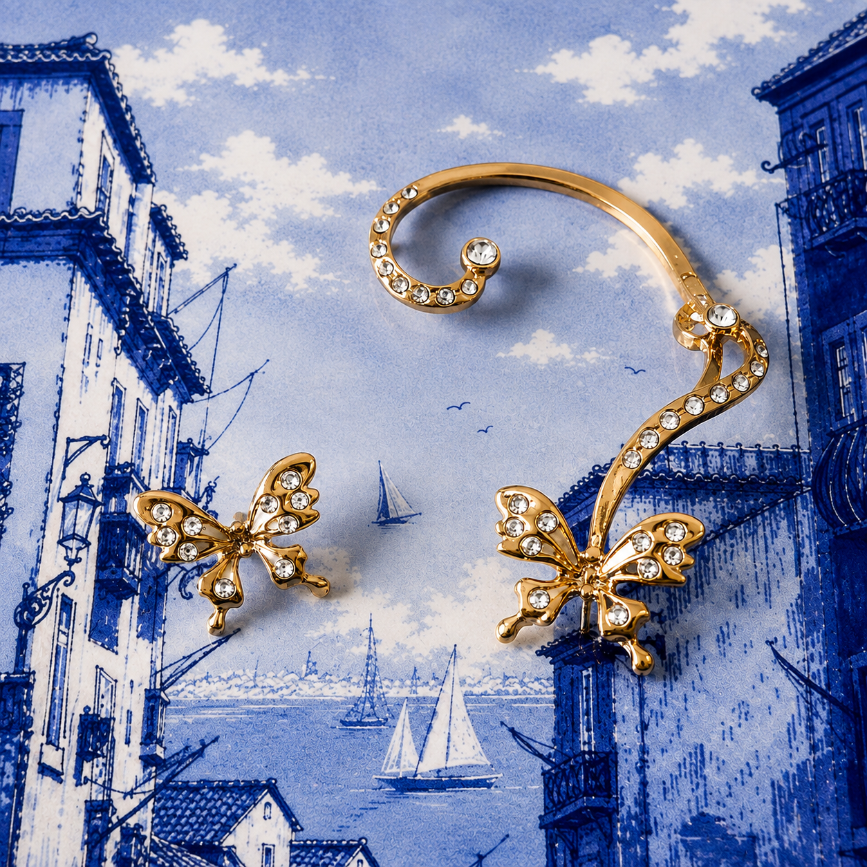 Gold Crystal Butterfly Ear Cuff & Stud Earring Set - Nature-Inspired Boho Jewelry
