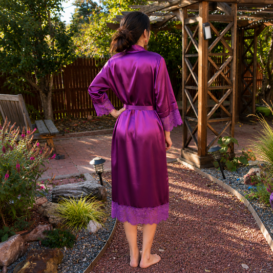 Purple Satin Kimono Robe with Floral Lace Trim