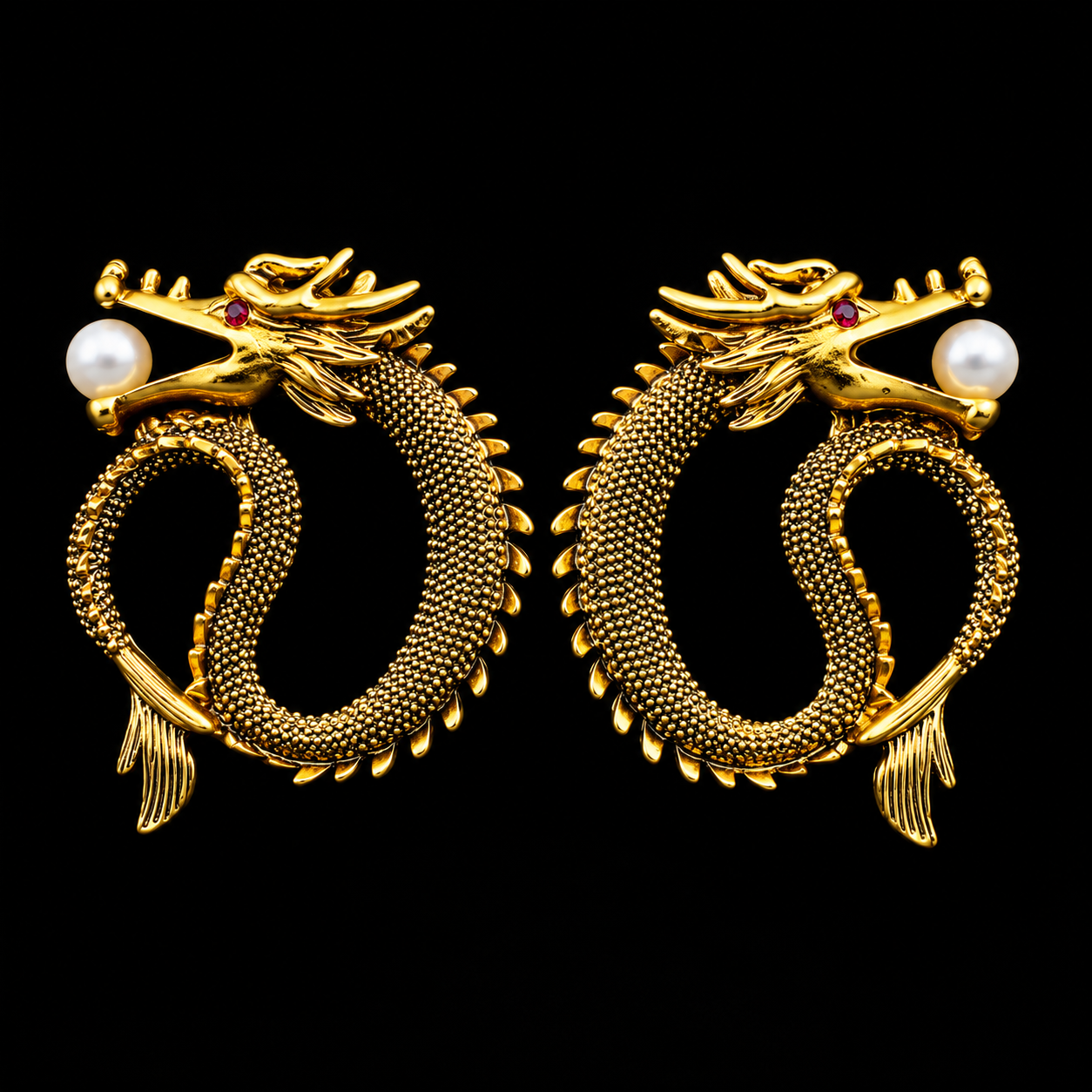 Gold Dragon Pearl Statement Earrings