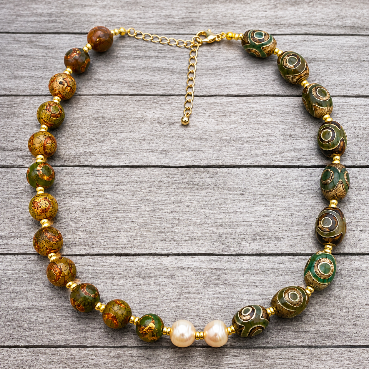 Handmade Pearl & Green Agate Necklace with Tibetan Dzi Beads – Natural Gemstone Boho Jewelry