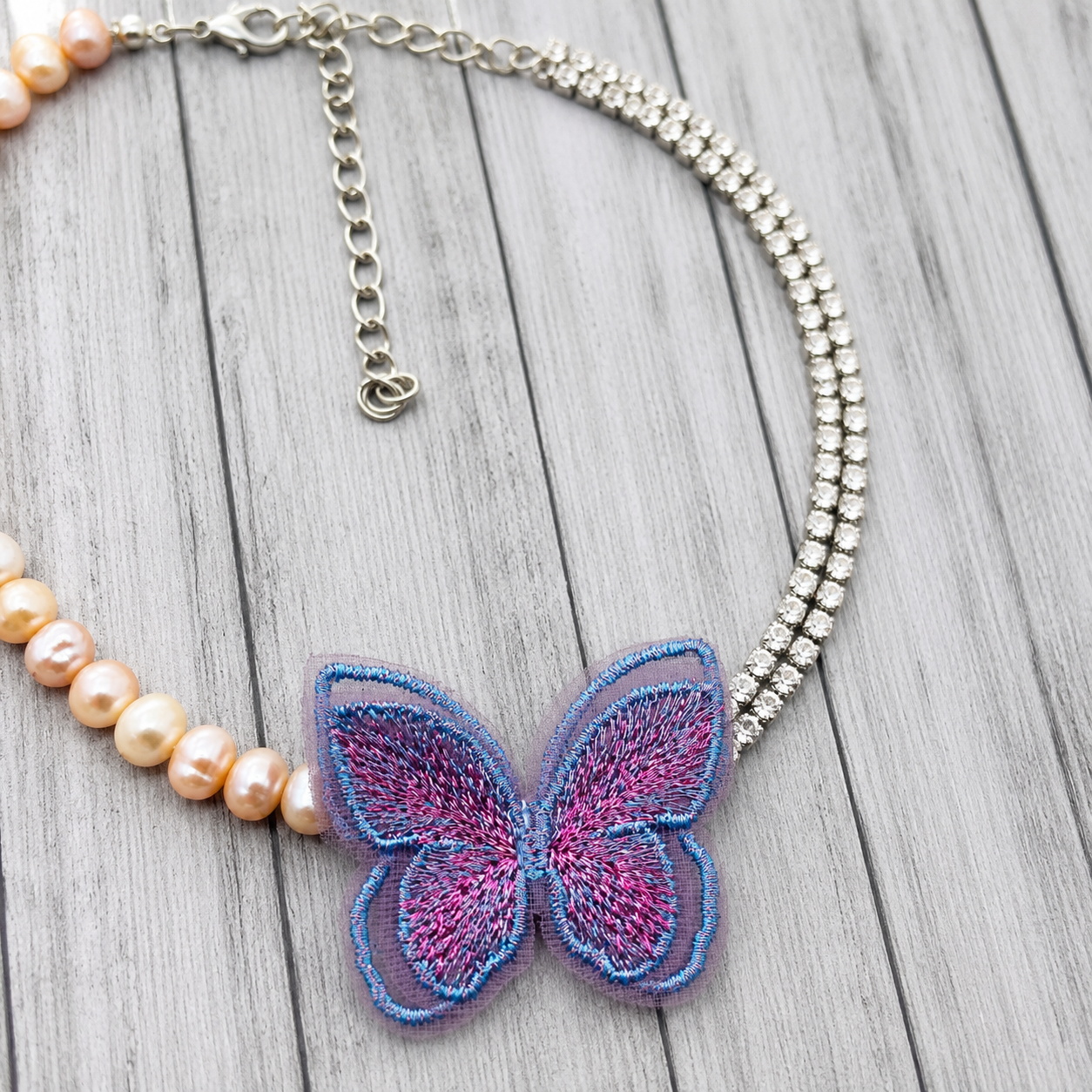 Purple Butterfly Pearl Choker Necklace – Layered Statement Jewelry for Women