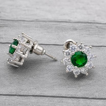 Emerald Green Crystal Necklace & Stud Earrings Set – Floral Statement Jewelry