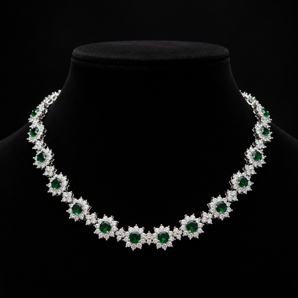 Emerald Green Crystal Necklace & Stud Earrings Set – Floral Statement Jewelry